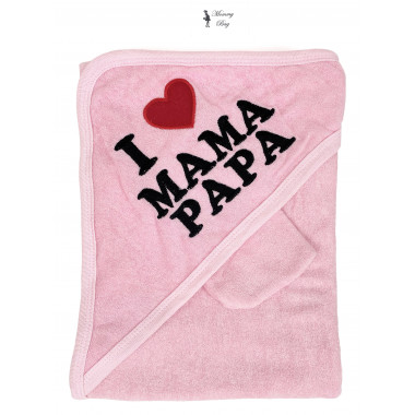 Полотенце махровое с капюшоном RoyalBaby 90*85 см I Love Daddy & Mummy Розовый + перчатка