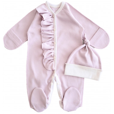 Человечек с шапочкой RoyalBaby Розовый с рюшками (интерлок) р.56, 0-3 мес