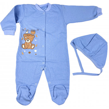 Человечек с шапочкой RoyalBaby Голубой с мишкой (байка) р.56, 0-3 мес