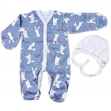 Человечек с шапочкой RoyalBaby Серый с зайчиками (интерлок) р.56, 0-3 мес