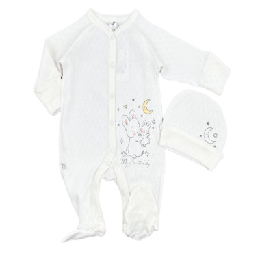 Человечек с шапочкой RoyalBaby Зайка с зайкой, молочный (ажур) р.56, 0-3 мес