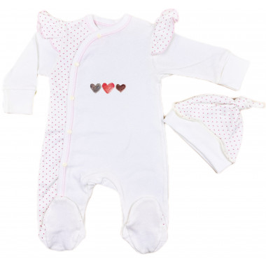 Человечек с шапочкой RoyalBaby Молочный с сердечками (интерлок) р.56, 0-3 мес
