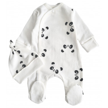 Человечек с шапочкой RoyalBaby Молочный с пандами (байка) р.62, 0-6 мес 