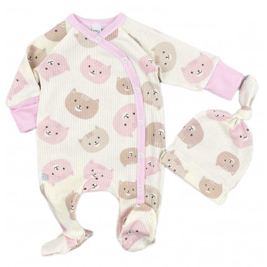 Человечек с шапочкой RoyalBaby Розовые котики (интерлок) р.62, 0-6 мес 