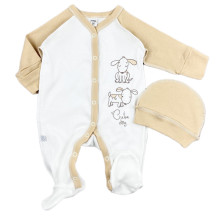 Человечек с шапочкой RoyalBaby Собачки, бежево-молочный (интерлок) р.56, 0-3 мес