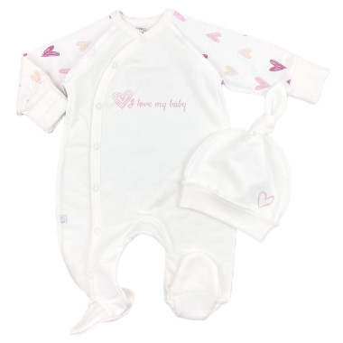 Человечек с шапочкой RoyalBaby Молочный с малиновыми сердечками (байка) р.56, 0-3 мес