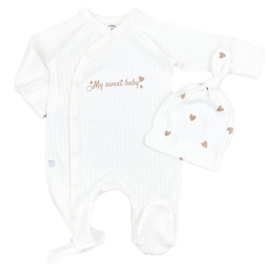 Человечек с шапочкой RoyalBaby Молочный с золотыми сердечками (интерлок) р.56, 0-3 мес