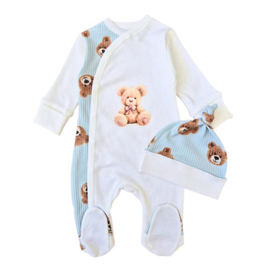 Человечек с шапочкой RoyalBaby Мишка Тедди, голубовато-молочный (интерлок) р.62, 0-6 мес