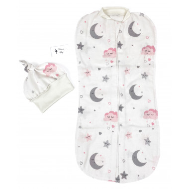 Евро-пеленка кокон на молнии с шапочкой Луна и розовые звездочки #20