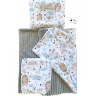 Набор в детскую коляску 3в1 (простынь, плед, подушка) Ежики и зайчики №19