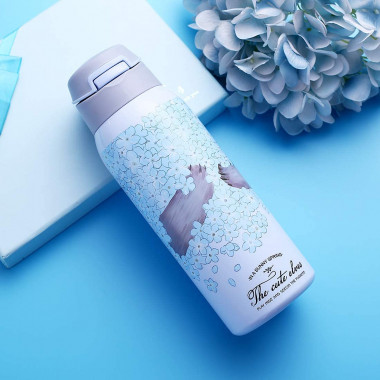 Термос с трубочкой и ремешком Голубой “Медведь с цветочками” 350 мл