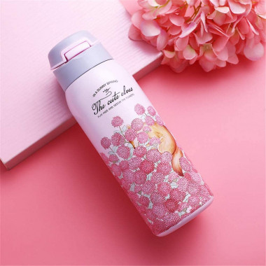 Термос с трубочкой и ремешком Розовый “Лисичка” 350 мл