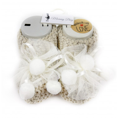 Пинетки-топики для новорожденных 0-12 мес Бежевые с бумбонами