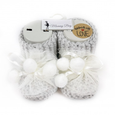 Пинетки-топики для новорожденных 0-12 мес Серые с бумбонами