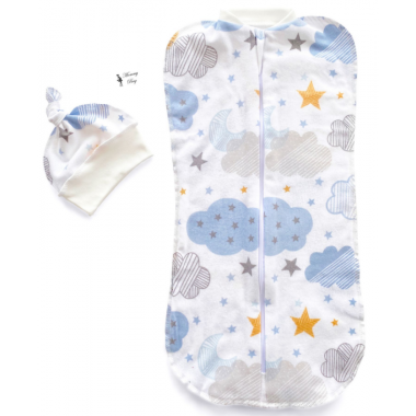 Евро-пеленка кокон на молнии с шапочкой Голубые облака №34 (6 – 12 мес)