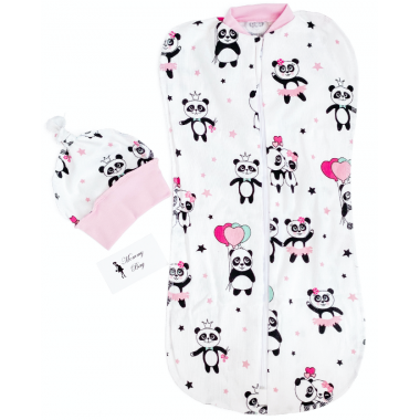 Евро-пеленка кокон на молнии с шапочкой Розовые панды №32 (6 – 12 мес)