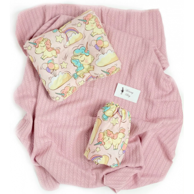 Набор постельного белья 3в1 в круглую/овальную кроватку (простынь, плед, подушка) Единороги с хлопковым пледом