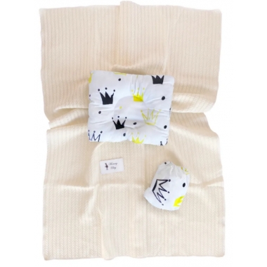 Набор в Круглую/Овальную кроватку 3в1 Желтые короны с молочным хлопковым пледом