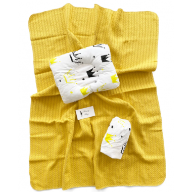 Набор в Круглую/Овальную кроватку 3в1 Желтые короны с горчичным пледом