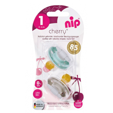 Пустышка Nip Вишенка, 0-6 мес., латекс, для мальчика, 2 шт. (Бирюзово-серые)