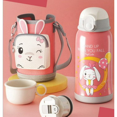 Термос с поильником Зайка Розовый 550 мл с чехлом и чашечкой