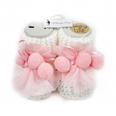 Пинетки-топики для новорожденных 0-12 мес Молочные с бумбонами