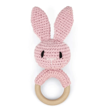 Грызунок-погремушка вязаная Зайка розовый (ручная работа)