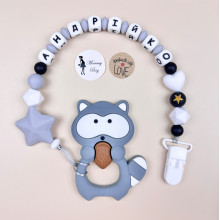 Именной силиконовый грызунок Mommy Bag Енотик серый
