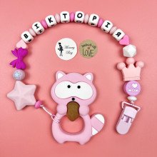 Именной силиконовый грызунок Mommy Bag Енотик розовый
