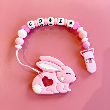 Именной силиконовый грызунок Mommy Bag Зайчик розовый с зайченком 