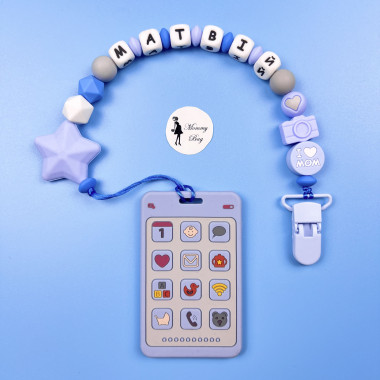 Именной силиконовый грызунок Mommy Bag Телефон голубой