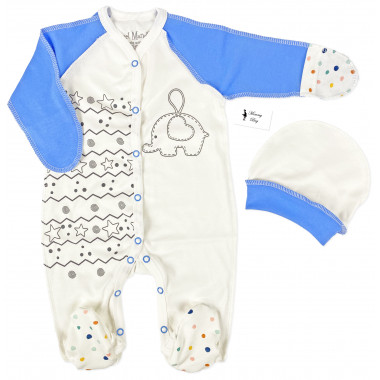 Человечек с шапочкой RoyalBaby Слоники для мальчика Синие р.62, 0-6 мес