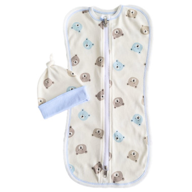 Евро пеленка кокон на молнии с шапочкой Мишки голубые (интерлок) №57 (0-6 мес)