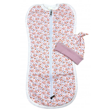Евро пеленка кокон на молнии с шапочкой Цветочки (интерлок) №8 (0 – 6 мес)