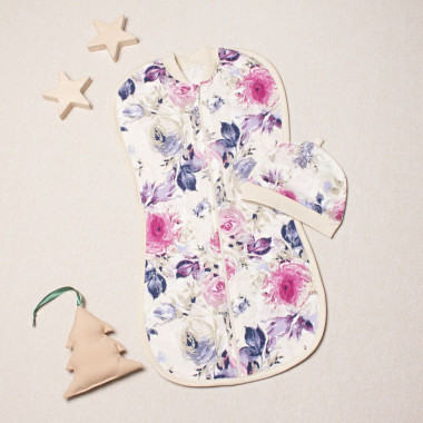 Евро пеленка кокон на молнии с шапочкой Цветы (байка) №43 (0 – 6 мес)