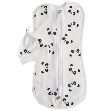 Евро пеленка кокон на молнии с шапочкой Молочный с пандами (байка) №42 (0-6 мес)