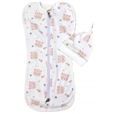 Евро пеленка кокон на молнии с шапочкой Розовые котики (интерлок) №17 (0 – 6 мес)