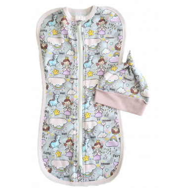 Евро пеленка кокон на молнии с шапочкой Феи с единорогами (байка) №13 (0 – 6 мес)