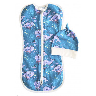 Евро пеленка кокон на молнии с шапочкой Киты (байка) №11 (0 – 6 мес)
