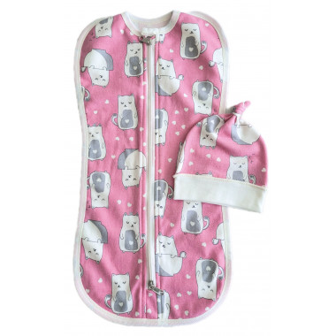 Евро пеленка кокон на молнии с шапочкой Розовый с котиками (байка) №6 (0 – 6 мес)
