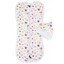 Евро пеленка кокон на молнии с шапочкой Цветочки (интерлок) №23 (0 – 6 мес)