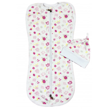 Евро пеленка кокон на молнии с шапочкой Цветочки (интерлок) №23 (0 – 6 мес)