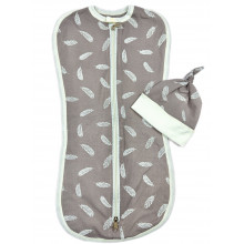 Евро пеленка кокон на молнии с шапочкой Перья (интерлок) №21 (0 – 6 мес)