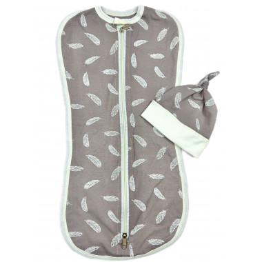 Евро пеленка кокон на молнии с шапочкой Перья (интерлок) №21 (0 – 6 мес)