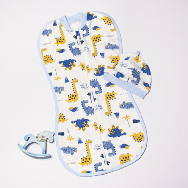 Евро пеленка кокон на молнии с шапочкой Динозаврики (байка) №30 (0 – 6 мес)
