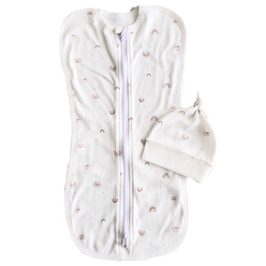 Евро пеленка кокон на молнии с шапочкой Молочный с радугами (интерлок) №59 (0-6 мес)
