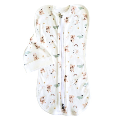 Евро пеленка кокон на молнии с шапочкой Зайка со звездочками и луной (интерлок) №61 (0-6 мес)