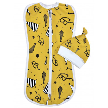 Евро пеленка кокон на молнии с шапочкой Желтый с колпаками (интерлок) №49 (0-6 мес)