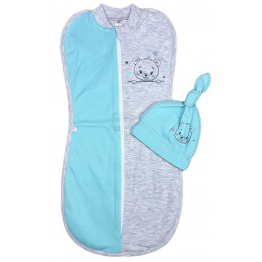 Евро пеленка кокон на молнии с шапочкой Мишка серо-голубой (интерлок) №47 (0-6 мес)