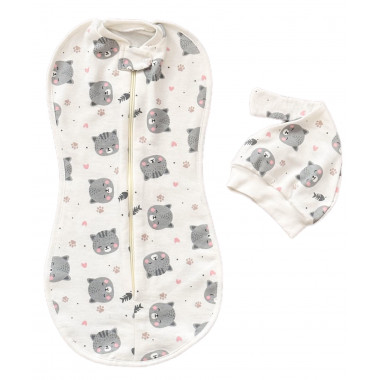 Евро пеленка кокон на молнии с шапочкой Серые котики (байка с молоч. контуром) №35 (0 – 6 мес)